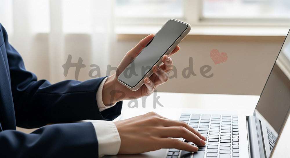 フリー素材 無料 写真｜20代日本人女性の手元 スマホ確認しながらタイピング 窓辺｜商品ページの挿し絵に便利な余白背景