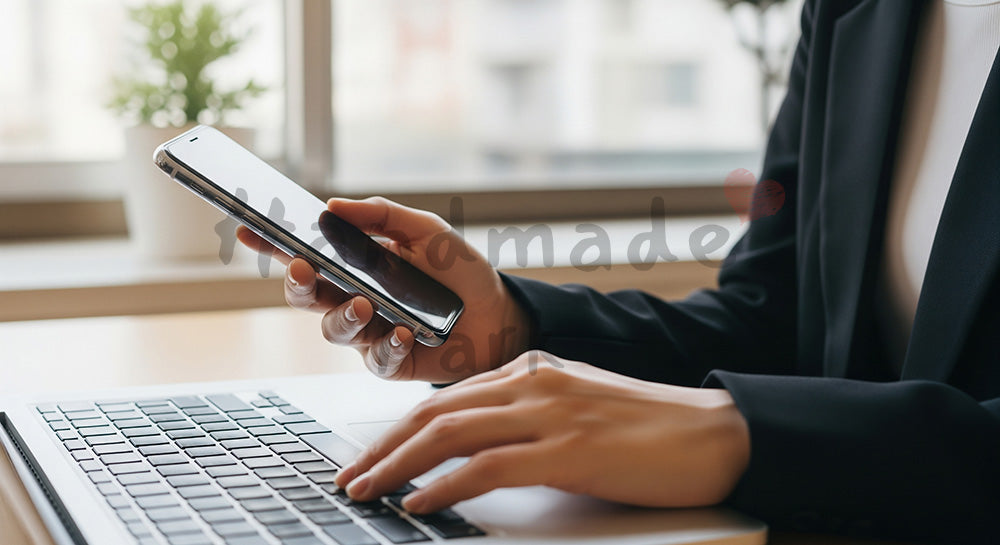 フリー素材 無料 写真｜20代日本人女性の手元 スマホ確認しながらタイピング 窓辺｜ブログやコラムの差し込みに使いやすい