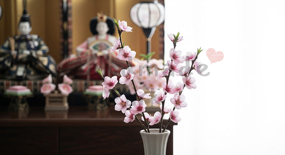 フリー素材 無料 写真｜桃の花とひな飾りボケ背景 春の余白ありアイキャッチ画像｜余白付きで告知に使いやすい