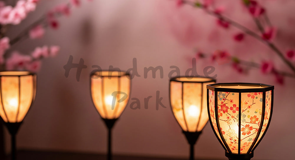 フリー素材 無料 写真｜ぼんぼりの柔らかい光と桃の花 背景余白｜文字入れしやすい余白あり