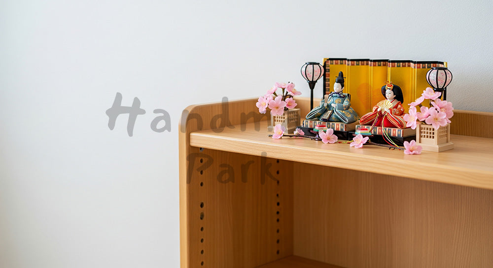フリー素材 無料 写真｜棚に飾るひな祭り小物 左余白で告知向き｜テキストを載せやすい余白背景