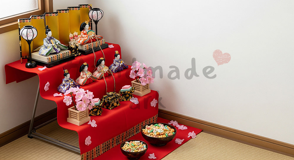 フリー素材 無料 写真｜ひな祭りコーナー風の飾り 右上余白｜テキストを載せやすい余白背景