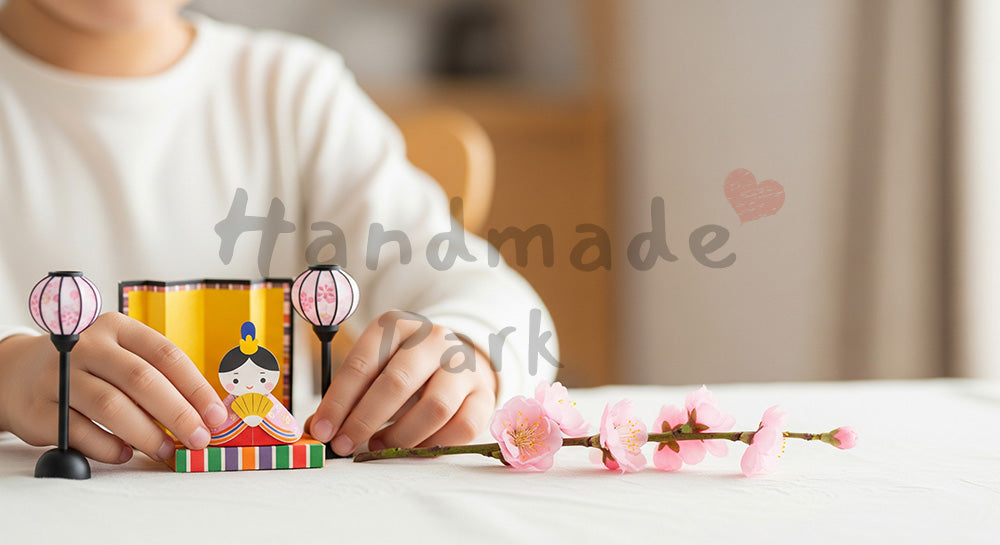 フリー素材 無料 写真｜完成したひな祭り工作を並べる手元 日本人幼児｜告知・バナーに使いやすい写真素材
