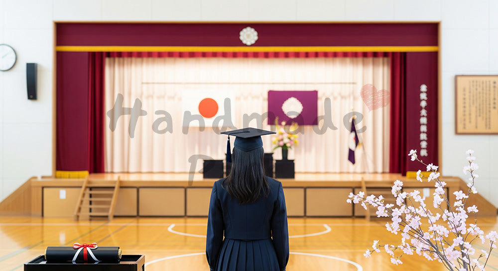 フリー素材 無料 写真｜卒業式の体育館と桜 卒業キャンペーン用余白｜文字入れしやすい余白あり