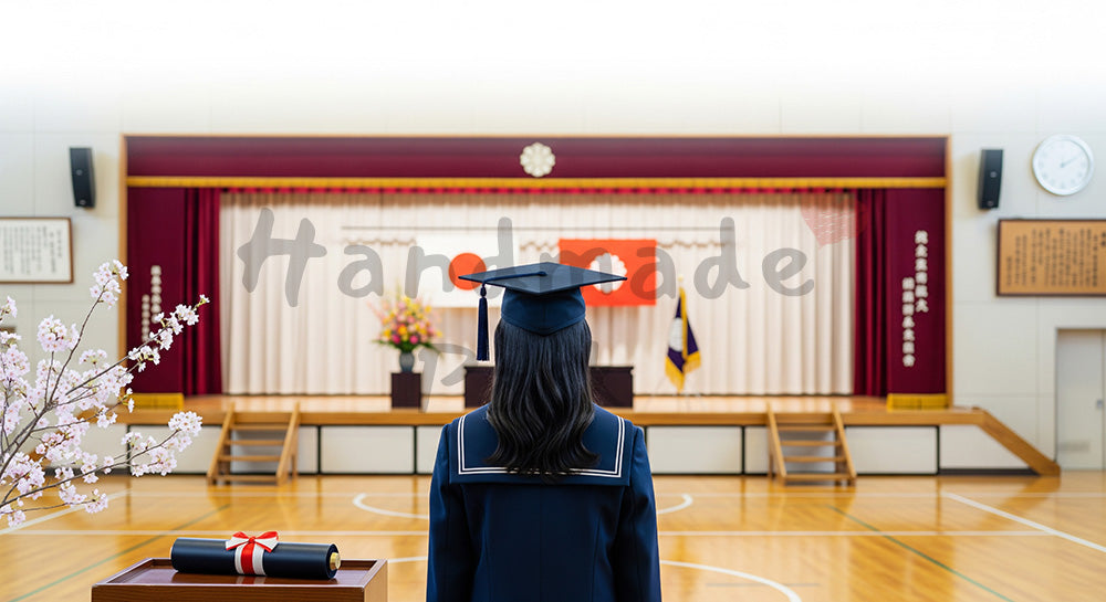 フリー素材 無料 写真｜卒業式の体育館と桜 卒業キャンペーン用余白｜余白たっぷりで見出しが入れやすい