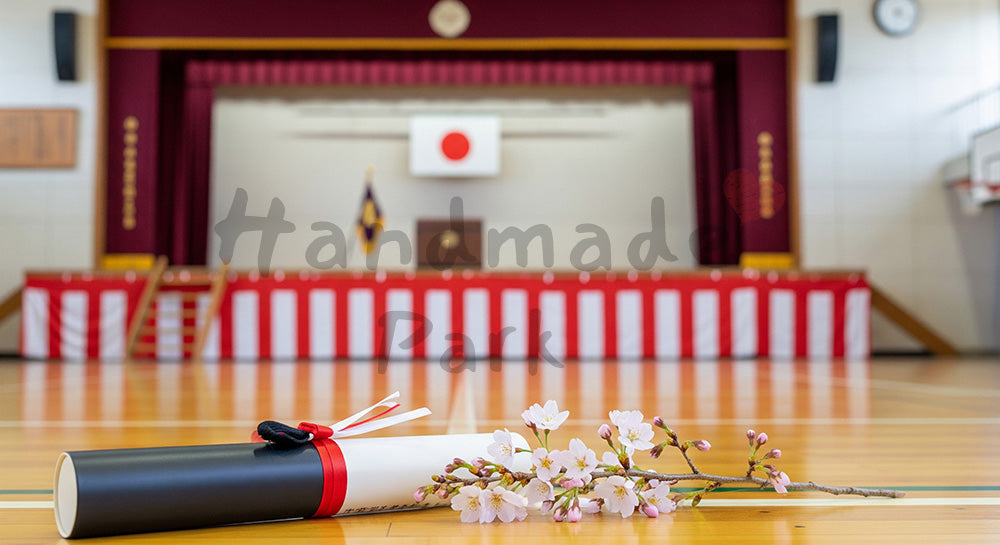 フリー素材 無料 写真｜卒業式の体育館と桜 卒業キャンペーン用余白｜テキストを載せやすい余白背景