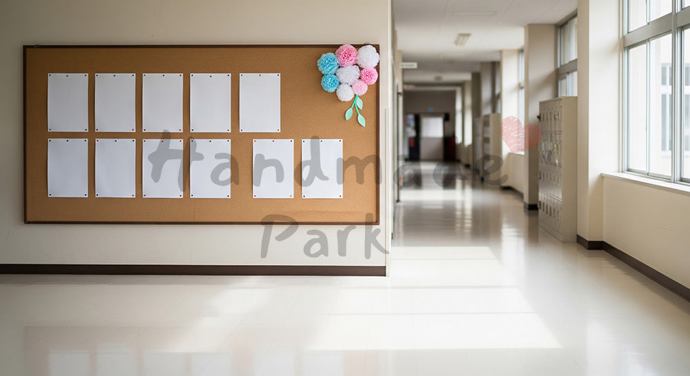 フリー素材 無料 写真｜学校廊下と掲示板 文字なしで卒業シーズン｜LP・バナーに使える素材