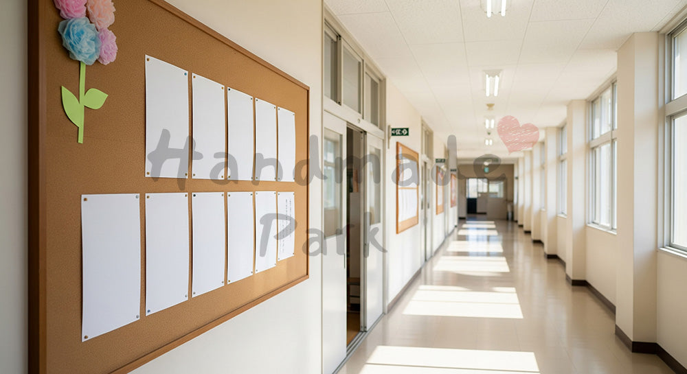 フリー素材 無料 写真｜学校廊下と掲示板 文字なしで卒業シーズン｜SNS投稿のアイキャッチ向け