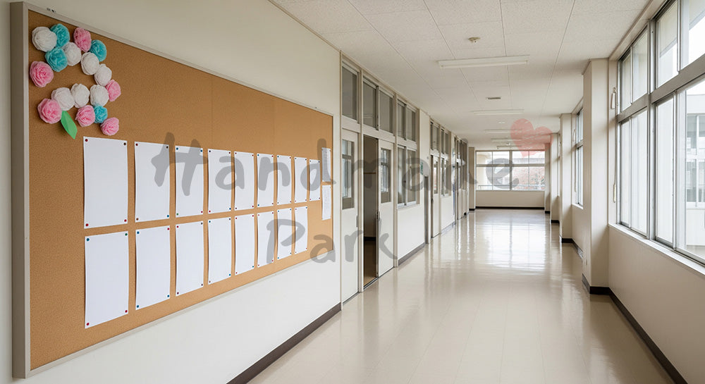 フリー素材 無料 写真｜学校廊下と掲示板 文字なしで卒業シーズン｜告知画像に合わせやすい