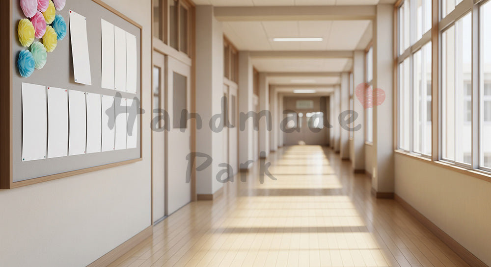 フリー素材 無料 写真｜学校廊下と掲示板 文字なしで卒業シーズン｜特集ページの見出しに便利