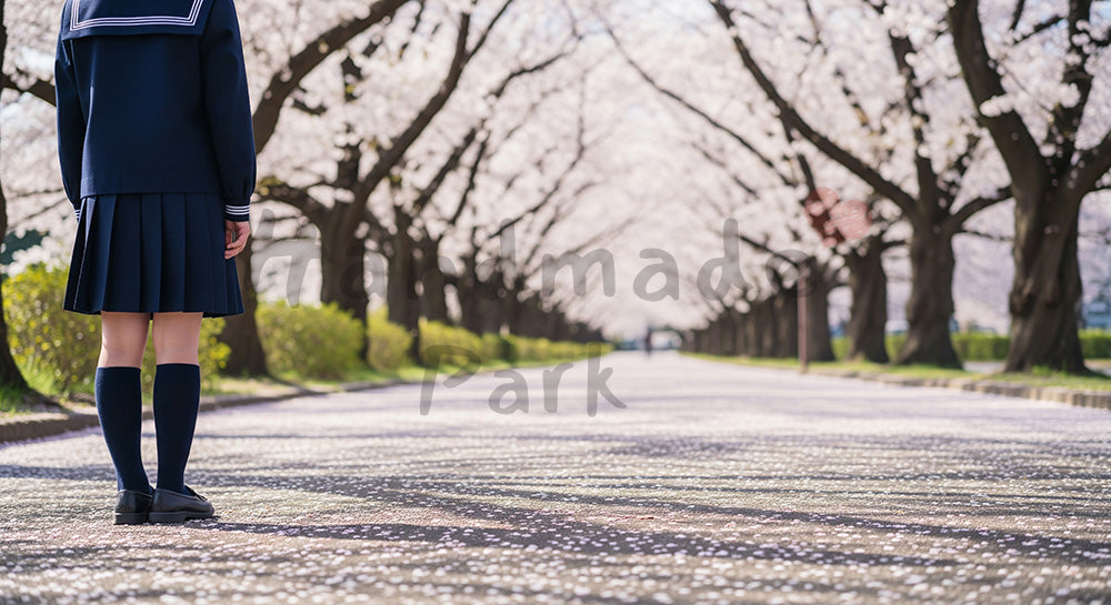 フリー素材 無料 写真｜桜並木の足元と影 顔なし卒業の思い出｜特集ページの見出しに便利