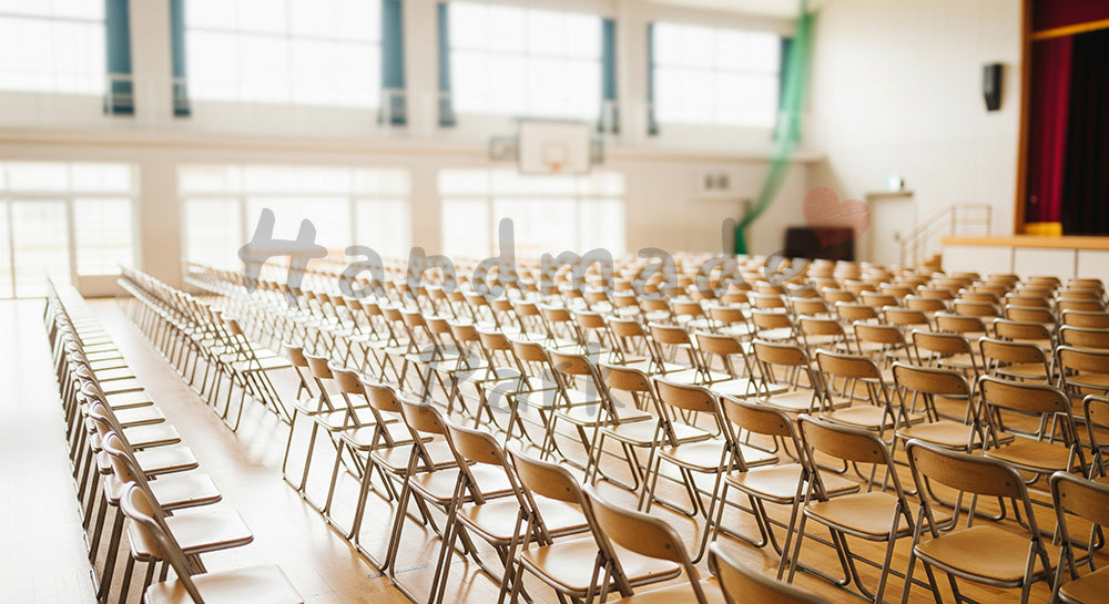 フリー素材 無料 写真｜体育館の椅子列 卒業式の準備感｜テキストを載せやすい余白背景