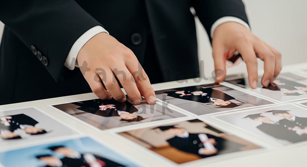 フリー素材 無料 写真|卒業の思い出写真を並べる手元 顔なし|SNS投稿のアイキャッチ向け