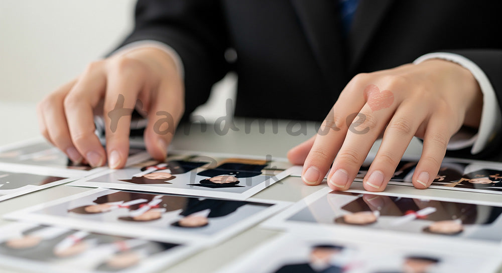 フリー素材 無料 写真|卒業の思い出写真を並べる手元 顔なし|特集ページの見出しに便利