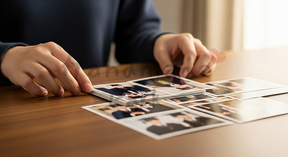 フリー素材 無料 写真｜卒業の思い出写真を並べる手元 顔なし｜LP・バナーに使える素材