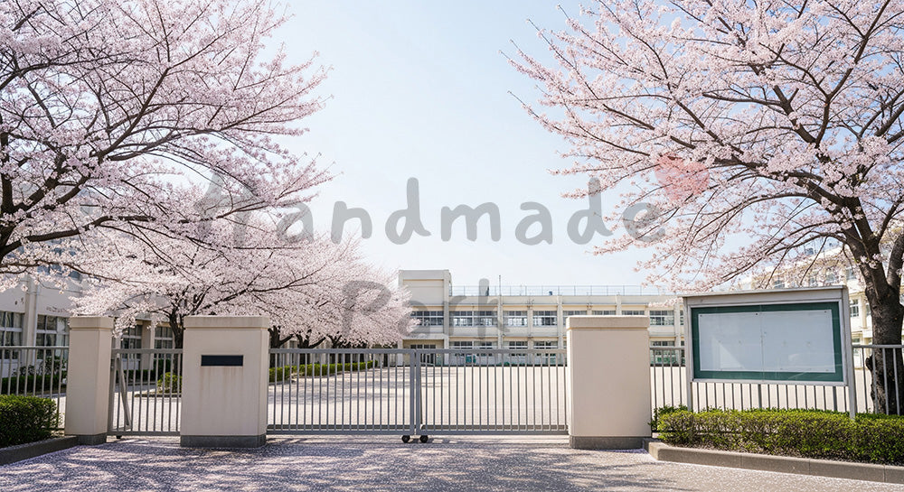 フリー素材 無料 写真｜校門と桜 文字なし掲示で卒業シーズン｜文字入れしやすい余白あり