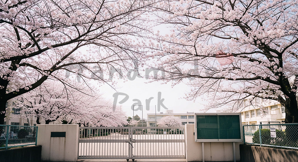 フリー素材 無料 写真｜校門と桜 文字なし掲示で卒業シーズン｜テキストを載せやすい余白背景