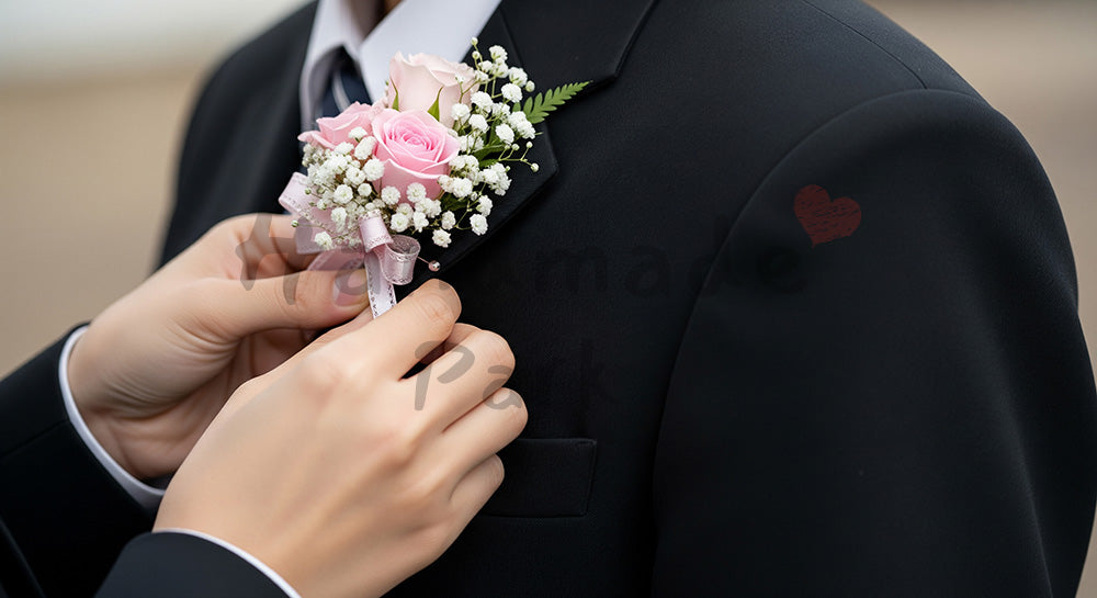 フリー素材 無料 写真｜胸花を付ける手元 顔なし卒業の節目｜特集ページの見出しに便利