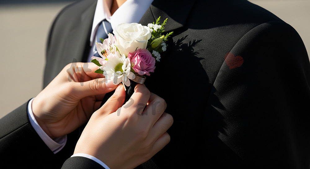 フリー素材 無料 写真|胸花を付ける手元 顔なし卒業の節目|SNS投稿のアイキャッチ向け