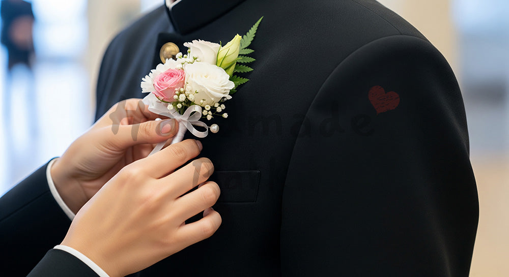 フリー素材 無料 写真｜胸花を付ける手元 顔なし卒業の節目｜告知画像に合わせやすい