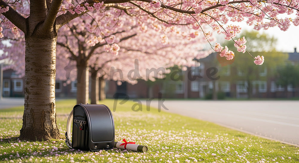 フリー素材 無料 写真｜校庭の桜と証書筒 余白で卒業お知らせ｜文字入れしやすい余白あり
