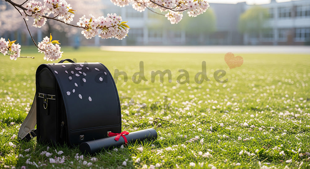 フリー素材 無料 写真｜校庭の桜と証書筒 余白で卒業告知｜テキストを載せやすい余白背景