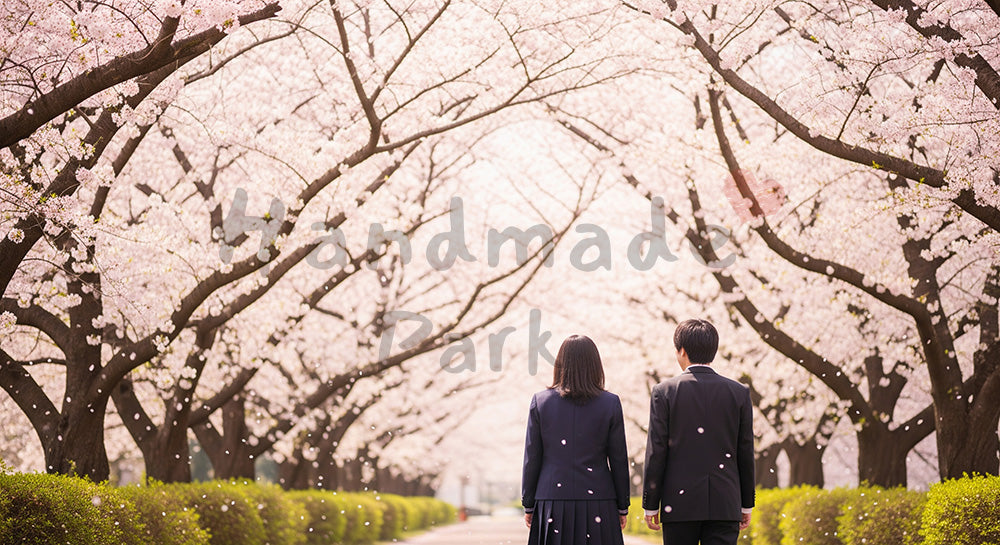 フリー素材 無料 写真｜桜の下を歩く後ろ姿 顔なし卒業の節目｜告知画像に合わせやすい