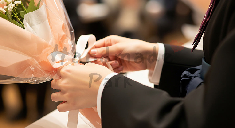 フリー素材 無料 写真｜花束リボンを結ぶ手元 顔なし卒業素材｜SNS投稿のアイキャッチ向け