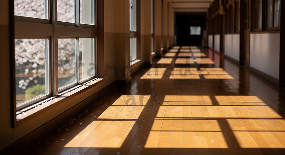 フリー素材 無料 写真｜春光が差す学校廊下 余白で卒業の余韻｜文字入れしやすい余白あり