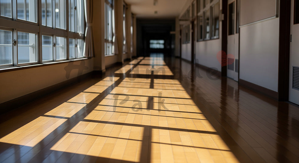 フリー素材 無料 写真｜春光が差す学校廊下 余白で卒業の余韻｜余白たっぷりで見出しが入れやすい