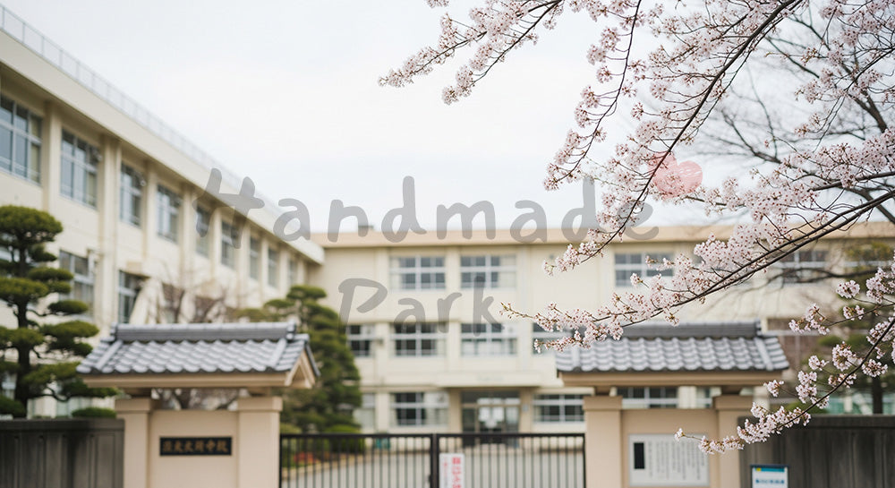 フリー素材 無料 写真｜特定不可の校舎と桜 卒業お知らせ向け余白｜文字入れしやすい余白あり