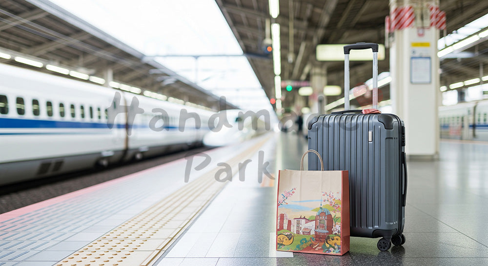 フリー素材 無料 写真｜GW帰省イメージ 電車のホームと荷物 余白｜テキストを載せやすい余白背景