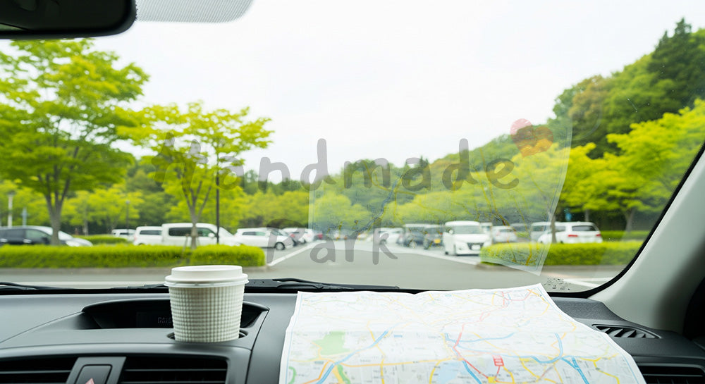 フリー素材 無料 写真|GWドライブ休憩 新緑とサービスエリア風 余白|余白たっぷりで見出しが入れやすい