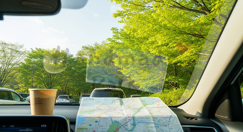 フリー素材 無料 写真|GWドライブ休憩 新緑とサービスエリア風 余白|テキストを載せやすい余白背景