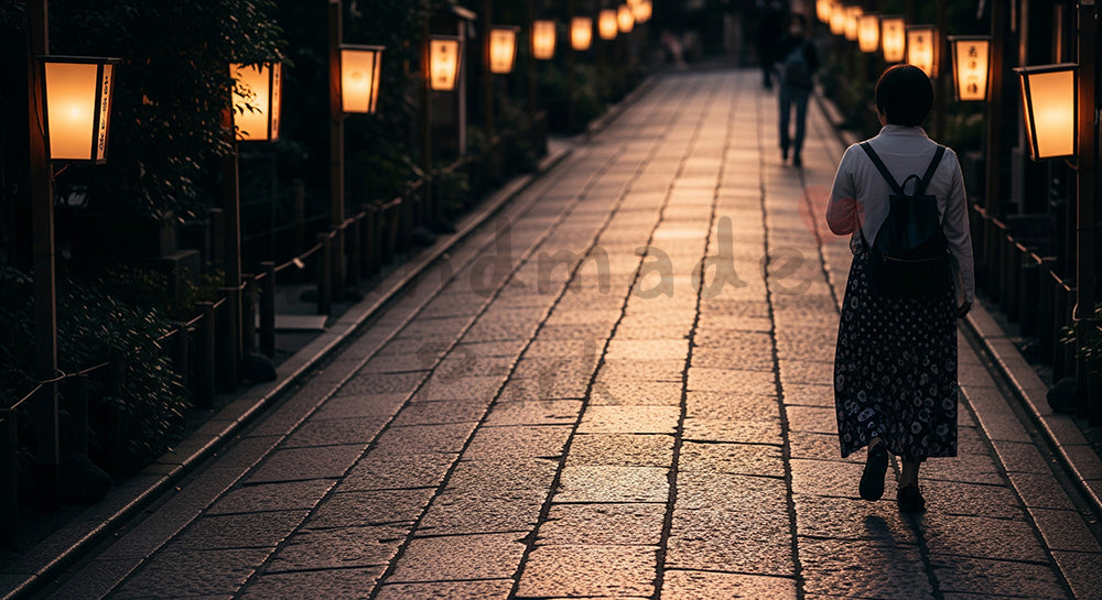 フリー素材 無料 写真|GWの街歩き 石畳小道と夕方の灯り 余白|余白を活かしたアイキャッチ