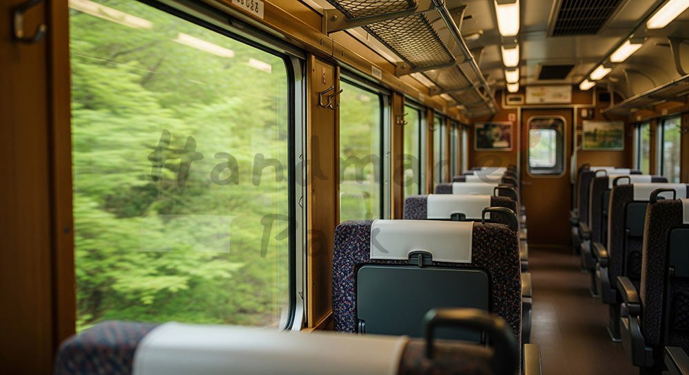 フリー素材 無料 写真｜GWの列車旅 車窓の新緑と余白｜文字入れしやすい余白あり