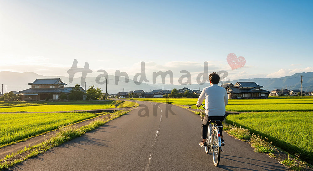 フリー素材 無料 写真｜GWサイクリング 田園の道と空の余白あり｜文字入れしやすい余白あり