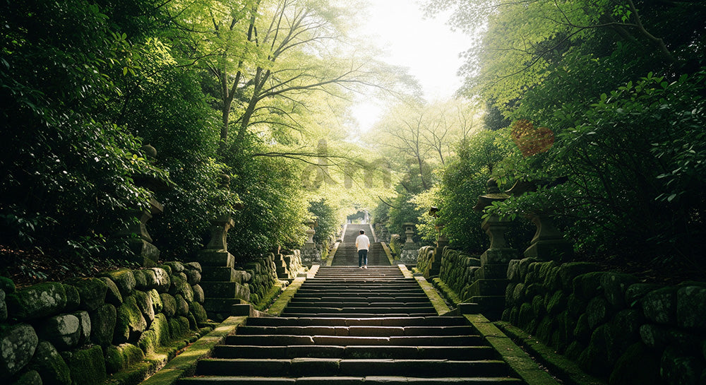 フリー素材 無料 写真｜GWハイキング 新緑の山道 余白あり｜テキストを載せやすい余白背景