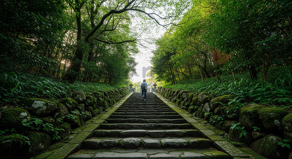 フリー素材 無料 写真｜GWハイキング 新緑の山道 余白｜余白を活かしたアイキャッチ