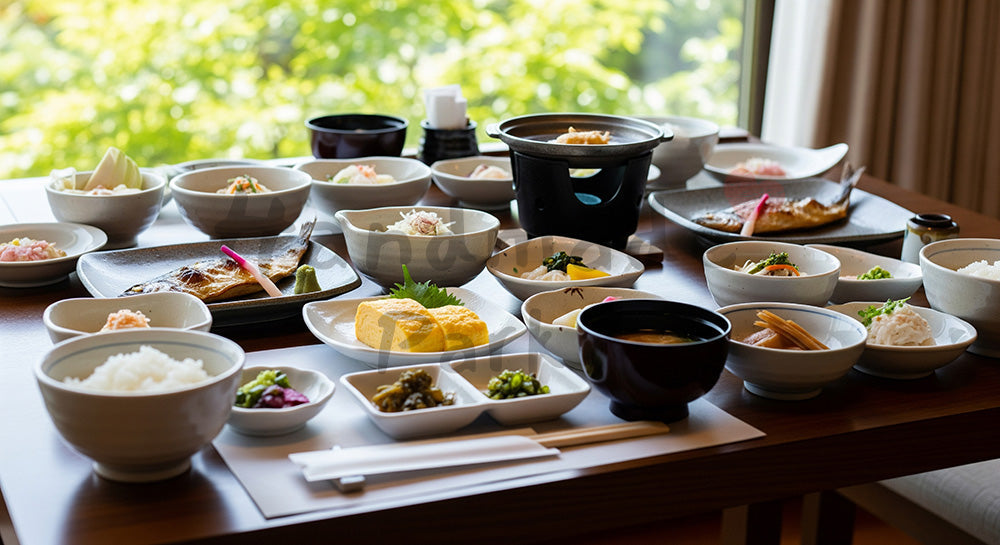 フリー素材 無料 写真｜GW旅館の朝食 和のテーブル俯瞰 余白｜余白を活かしたアイキャッチ