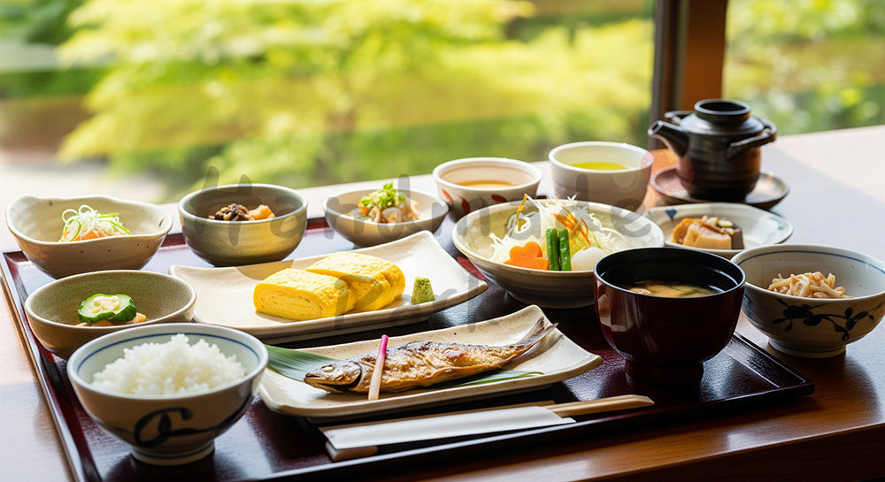 フリー素材 無料 写真｜GW旅館の朝食 和のテーブル俯瞰 余白｜テキストを載せやすい余白背景