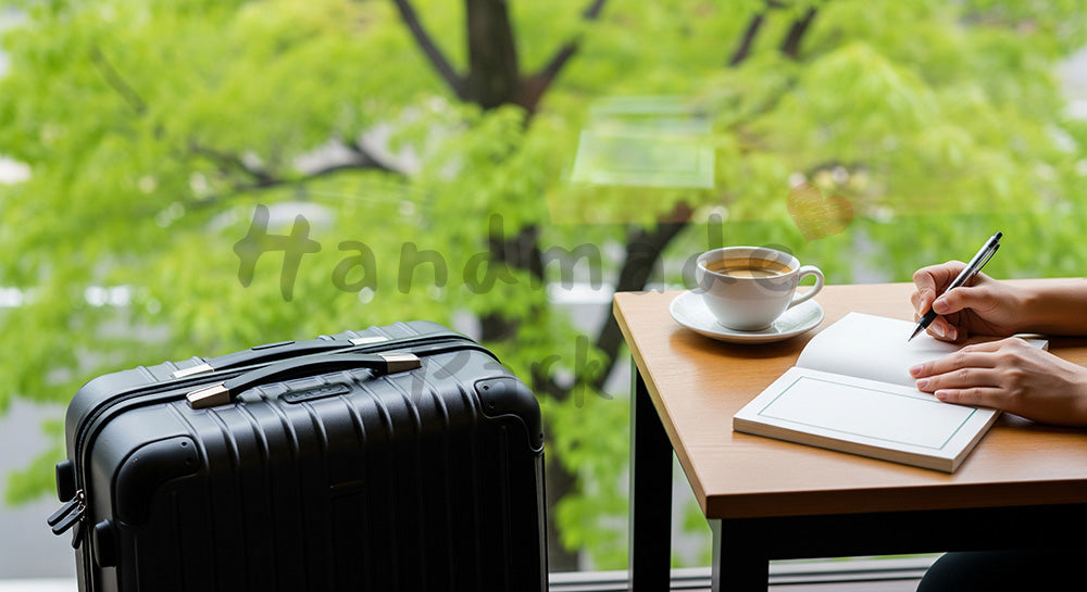 フリー素材 無料 写真｜GW旅のカフェ休憩 キャリーケースと窓辺光｜告知・バナーに使いやすい