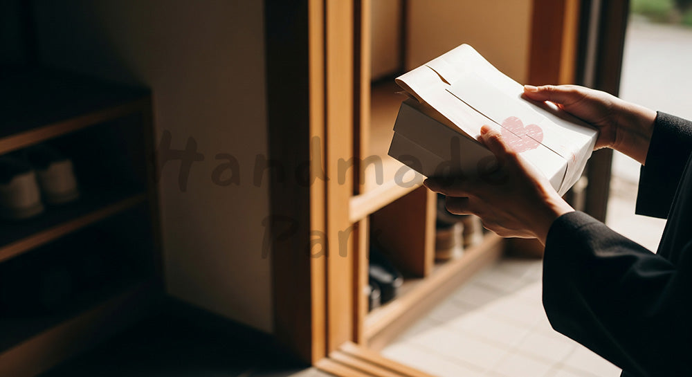 フリー素材 無料 写真｜GW帰省 手土産を持つ手元 玄関の余白｜テキストを載せやすい余白背景