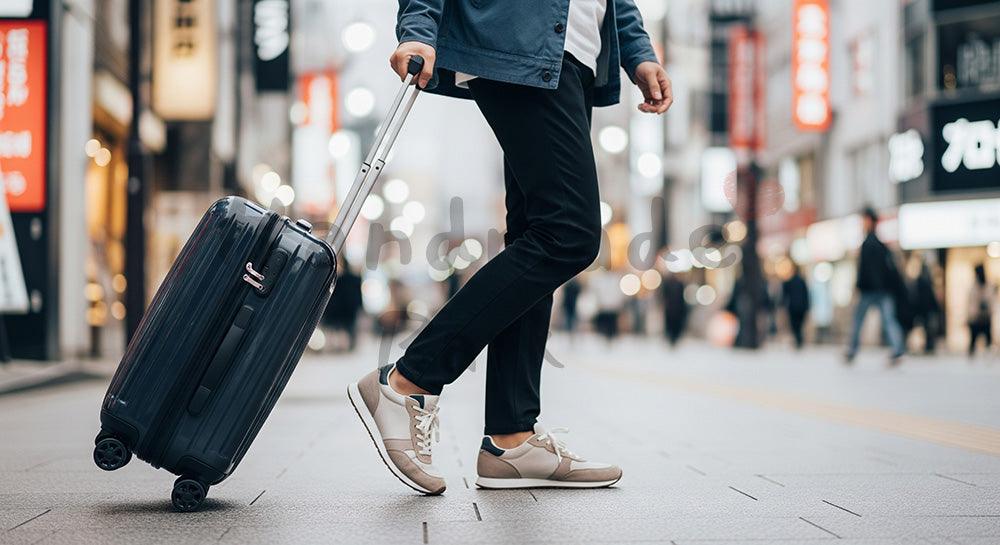 フリー素材 無料 写真｜GWお出かけ キャリーケースと足元 顔なし余白｜余白たっぷりで見出しが入れやすい