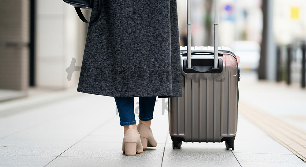 フリー素材 無料 写真｜GWお出かけ キャリーケースと足元 顔なし余白｜文字入れしやすい余白あり