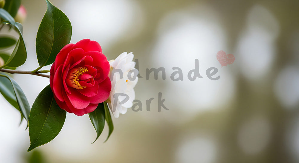 フリー素材 無料 写真｜ツバキの花上品な和の庭木背景｜告知バナーに使えるナチュラルな画像