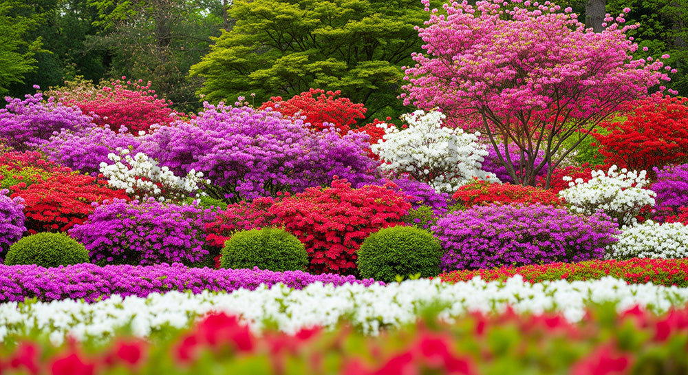 フリー素材 無料 写真｜春のツツジ庭の彩りと余白｜SNS投稿に使えるナチュラルな画像