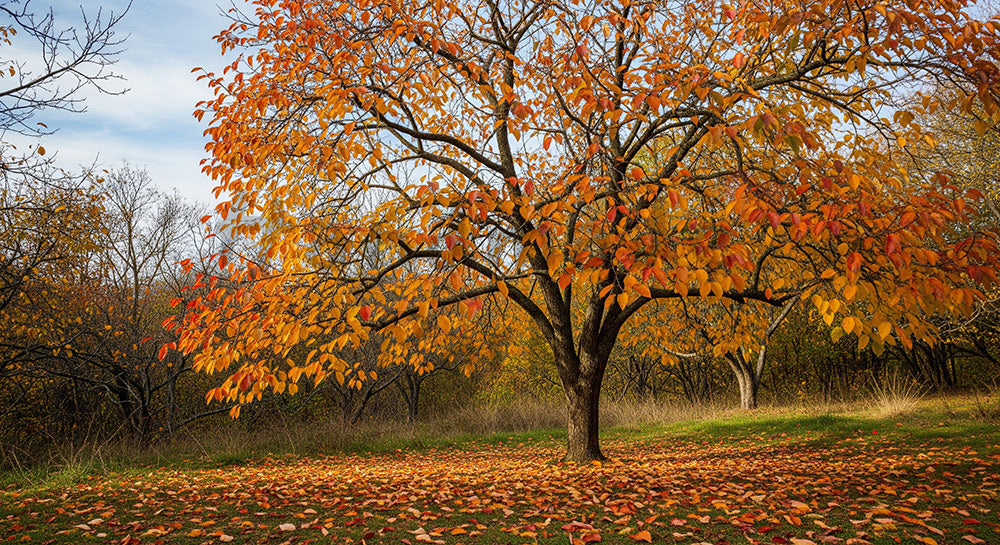 フリー素材 無料 写真｜柿の木の落ち葉秋の季節感と余白｜SNS投稿に使えるナチュラルな画像