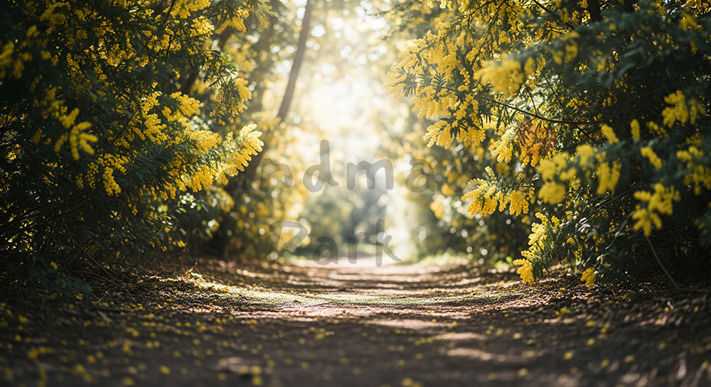 フリー素材 無料 写真｜木漏れ日とミモザの自然風景ふんわりボケ｜作品紹介に映える余白デザイン