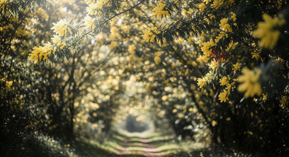 フリー素材 無料 写真｜木漏れ日とミモザの自然風景ふんわりボケ｜告知バナーに映える余白デザイン